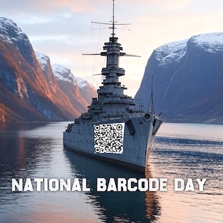 a naval warship with a large barcode on its hull, in calm waters in a straight between some snow covered hills and mountains for national barcode day in June