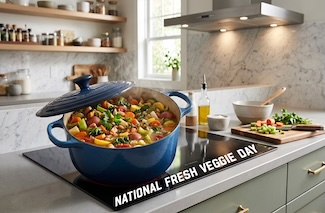 a large blue pot of healthy and fresh vegetable soup cooking on a stove in a modern kitchen for national veggie day in June.