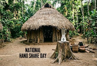 a thatched grass hut in the middle of a green jungle with a white house blender sitting on a stump just outside for national handshake day in June