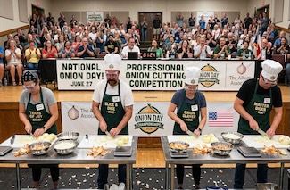 a fun and very fake competition of four professional onion cutters in front of an audience for national onion day.
