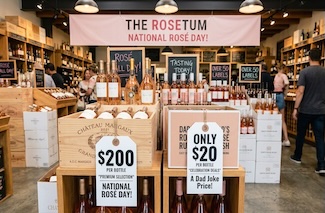 a win store, packed with many cases of various brands of Rosé, to celebrate and enjoy National Rose Day in June.