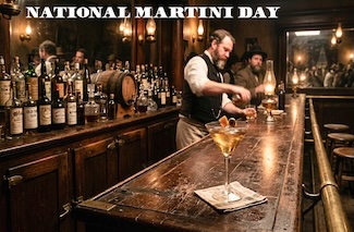 a bartender working behind an 1800's era bar making whiskey cocktails and a martini for national martini day on June 19th