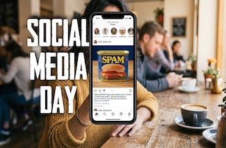 a very popular social media app on a mobile phone in a coffee shop to celebrate social media day in June