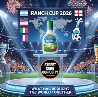 A bottle of American ranch dressing on a podium at a cartoon version of the World Cup to highlight how much it's loved the year by all the foreign visitors in the USA.