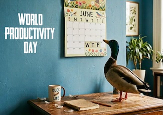 a duck, standing on a desk, staring at a calendar on a blue wall for world productivity day in June