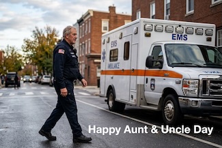 an older paramedic walking toward an EMS vehicle in a small town.
