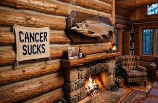 a fun pun on smoking and cancer with a salmon hanging on a wall, smoking a cigarette, for a special cancer anniversary for the author
