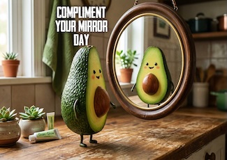 a fun smiling avocado looking at itself in. the mirror for a weird holiday of compliment your mirror day in July