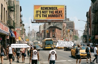 a busy city street on a hot and humid summer day with a large billboard saying that it is the humidity that makes you miserable. A topic of comfort rom Street Curb Curiosity 