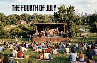 a fun but fake photo of the rock drop Chicago playing in a city park for the Fourth of July.