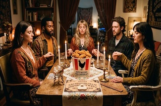 a very funny and fake image of five people at a dance in a family living room, with a bucket of fried chicken for a dad joke about national fried chicken day in July.