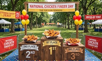 a winners podium for the top 3 brands o chicken fingers, in a public park on a sunny day in July