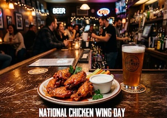 a great looking dinner plate filled with crispy chicken wings with a cold beer.  At a local bar with people having a fun night