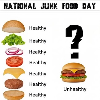 the separate ingredients of a burger are considered healthy, but combined, is junk fast food...for national junk food day