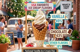 a waffle ice cream cone with vanilla, chocolate and other flavor ice cream with treats on a sunny day for national vanilla ice cream day