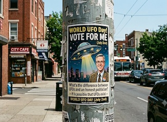 a very fake but very fun political poster about a candidate, UFOs and a dad joke about both for world UFO day in July