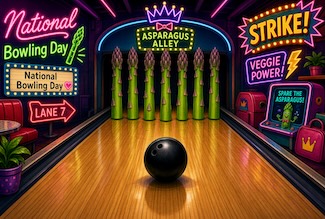 A fun cartoon of bowling for asparagus on national bowling day in August