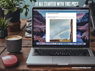 A screen shot of the first blog post of the daily idea site called care more today 
