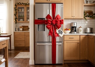 a large stainless steel refrigerator with a big red bow in a light wood kitchen as a gift for national friendship day
