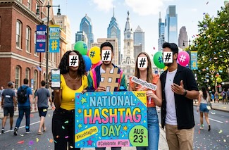 a fun festive and fake image of downtown Philadelphia on national hashtag day in August