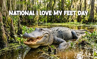 a large alligator in a deep swamp for national I love my feet day in August