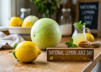 a table with lemons and melons for national lemon juice day in August