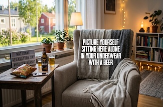 a cozy living room scene with a comfy chair, blanket, beer, snacks and a big window for national relaxation day