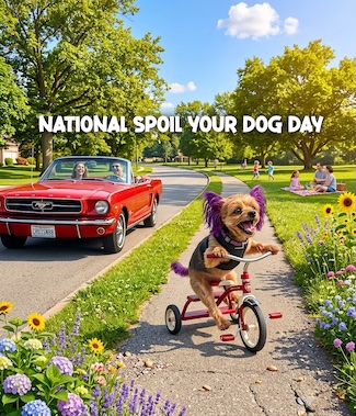 a small yorkie dog riding a tricycle on a sunny day in a park for national spoil your dog day