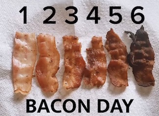 six slices of bacon cooked to different preferred levels by people for international bacon day in September