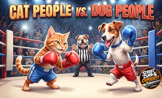 a fun cartoon of a cat and a dog in a boxing ring to highlight which you care: a cat person or a dog person, a podcast episode from street curb curiosity 