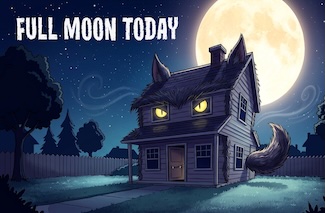 a fun cartoon of a house turning into a warehouse (werehouse) under a full moon, like the Harvest moon in September.