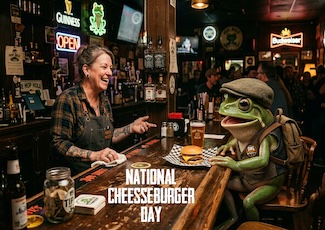 a fun but very fake image of a dressed frog with a hat and a backpack, sitting at a bar with a cold beer and a cheeseburger, laughing with the bartender.