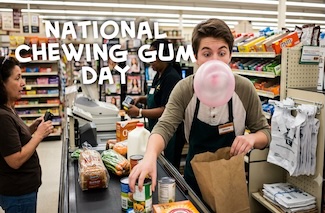 a fun but fake grocery store check out line image with a cashier blowing a large bubble with her chewing gum