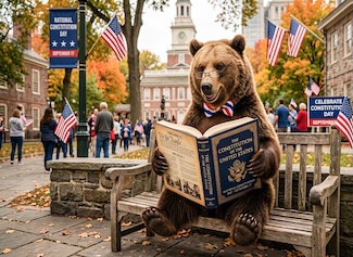 a fun but fake inmate of a bear reading the US constitution while in philadelphia 