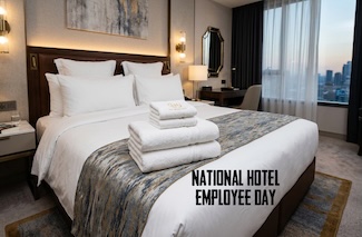 a high end hotel room with a city view, with fresh towels on the bed, for national hotel employee day in September