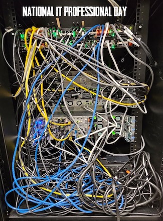 A typical early day computer server rack room, filled with messy wiring