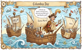 a fun cartoon of Columbus and his ships being lost