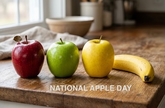 three apples and a banana on a wooden kitchen table 