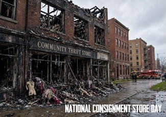 a sad but thankfully fake image of a thrift store that burned down in a city, with the fire department standing near by, for national consignment day in October.