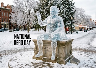 a fun but very fake image of a superhero made of ice, sitting on a pedestal in a public park for national hero day.