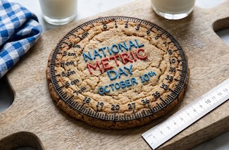 a large sugar cookie with metric measurements in icing on it for national metric day in October.
