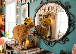 a cat wearing a taco hate, looking at itself in a mirror for national taco day