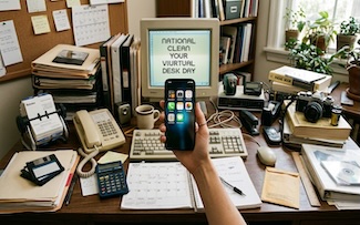 the many items that a mobile phone replaced from your work office desk, for national clean your virtual desk day in October