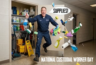 a fun but very fake image of a male janitor jumping out of a closet for a fun dad joke about their job, for national custodial workers day in october