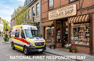 a fun but fake image of an EMS van on a small town street, outside of a chocolate shop to highlight two special national holidays