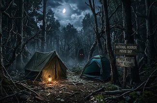 a spooky but fake image of a scary woods scene with tents for national horror movie day in October