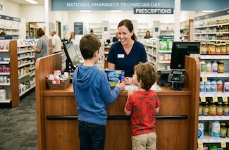 a fun but fake image of two young boys buying tampons in a pharmacy 
