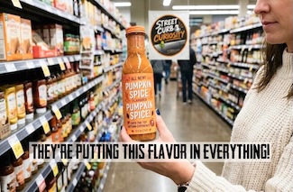 a fun bit of satire about the pumpkin spice craze. In this case, a woman holding a bottle of pumpkin spice flavored pumpkin spice in a grocery store.